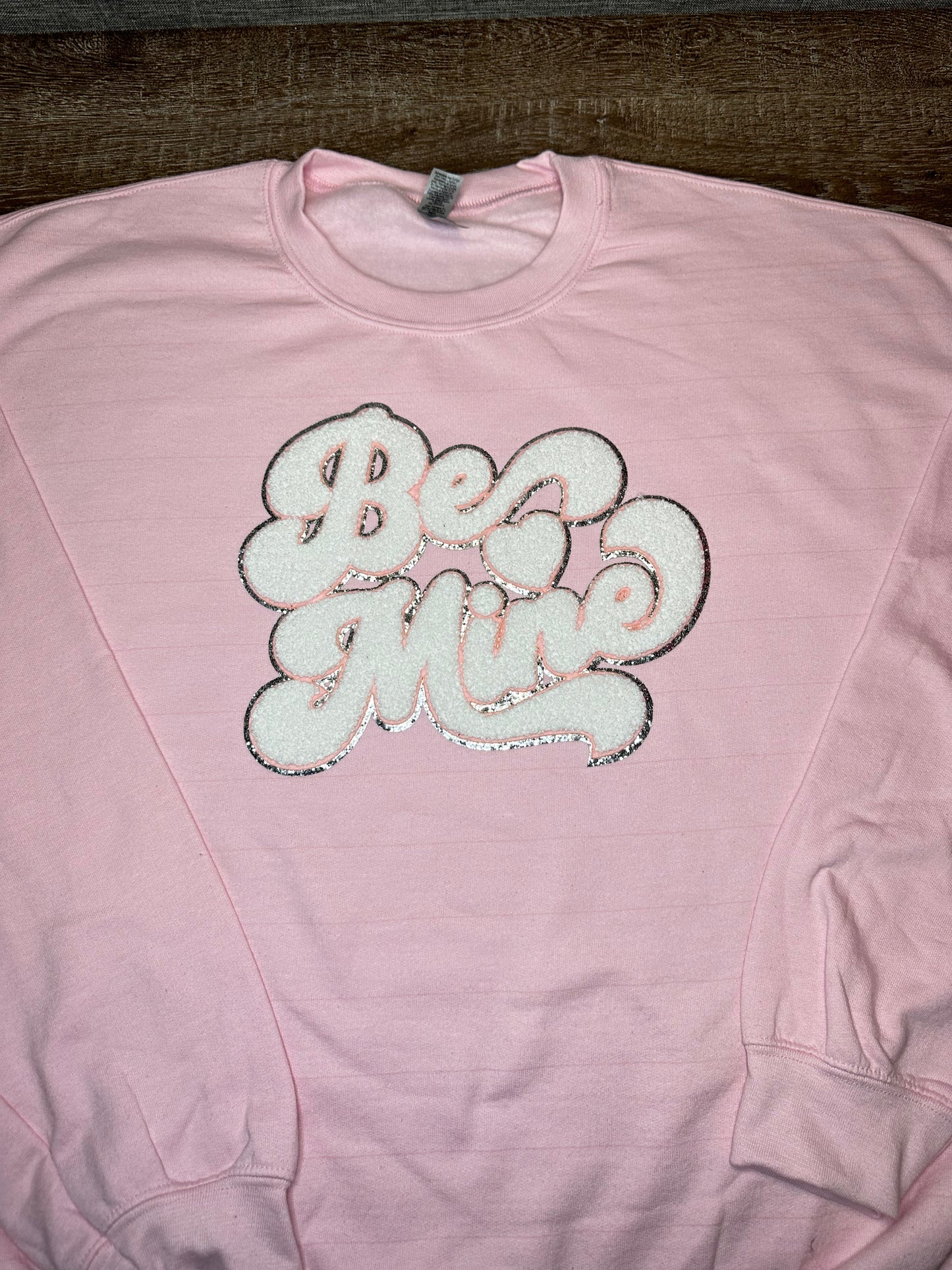 White and Pink Be Mine Chenille Crewneck