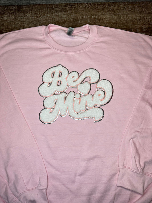 White and Pink Be Mine Chenille Crewneck